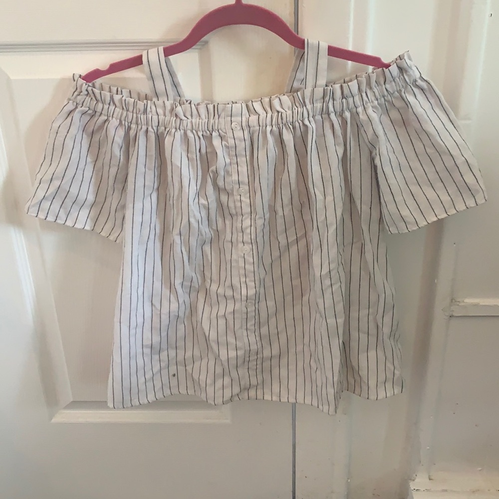 White & Navy Striped Off-The-Shoulder Top